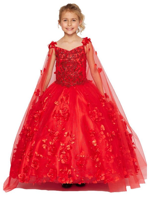 Bliss Little Girls Red 3D Stone Pearl Sweetheart Floral Cape Ball Gown 2-6 - SophiasStyle.com
